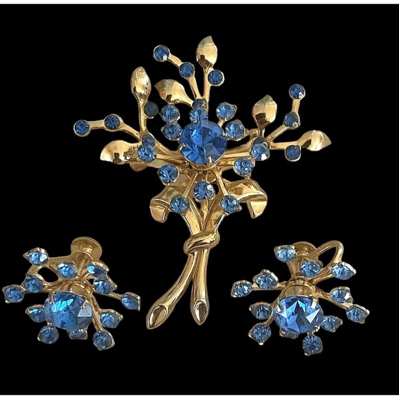 Coro Blue Starburst Brooch & Earrings Set Rare Estate Signed Mid Century 3 Piece - Picture 10 of 10